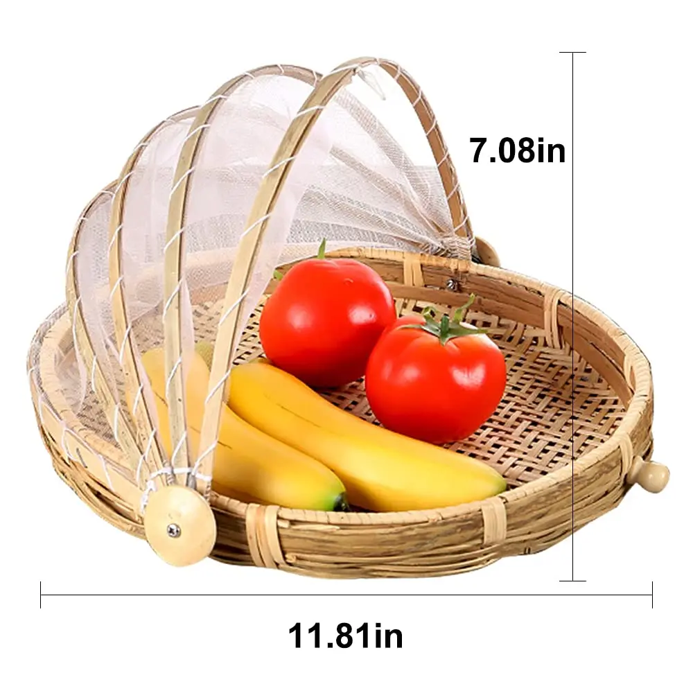 Bamboo Food Serving Tent Basket Hand-Woven Basket Serving Dustproof Round Picnic Basket , Mesh Gauze Cover Container