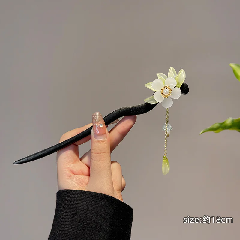 Women Osmanthus Flower Animal Moon Rabbit Hairpin Ancient Style Wood Tassel Hair Stick Pin Buyao Hair Accessories