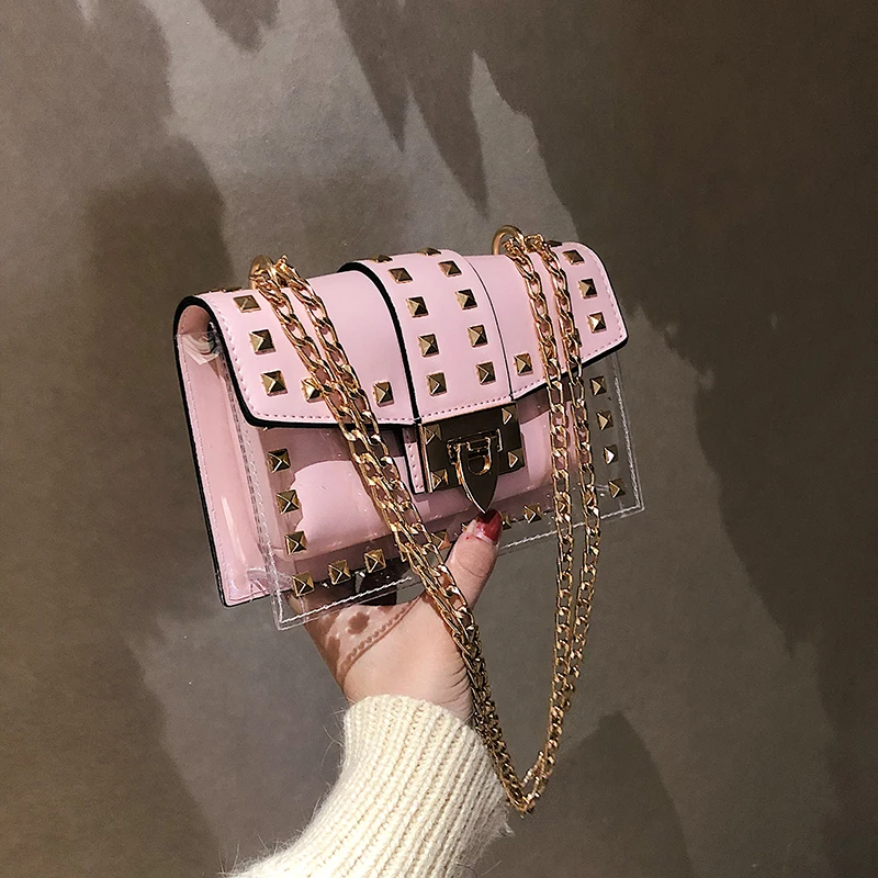 
 Оптовая продажа, модная прозрачная сумочка в Корейском стиле, прозрачная квадратная сумочка из ПВХ с заклепками и цепочкой, прозрачная сумка-Желе, сумка через плечо  