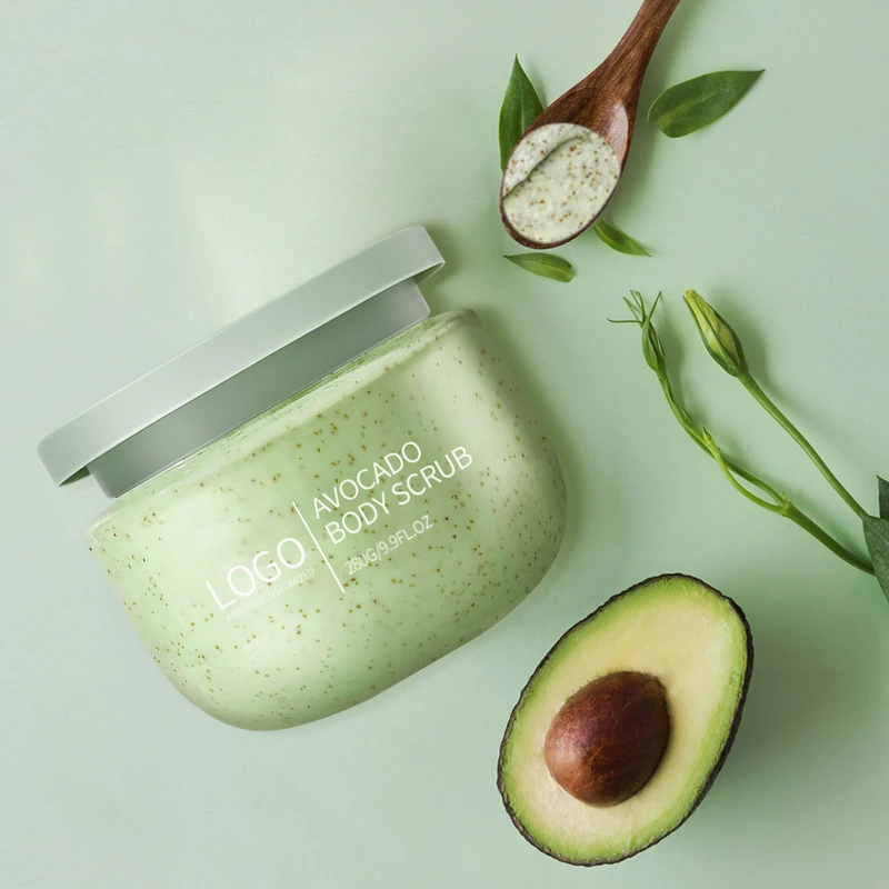 Custom own logo natural skin care 100% organic shea butter bodyscrub exfoliate wholesale ice cream fruit avocado body scrub