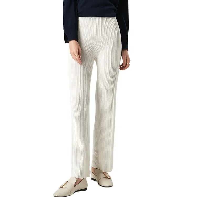 2021 Custom New Fashion Flare Wide White Ribbed Knit Pants long  100 % Pure Cashmere Warm Pants For Women