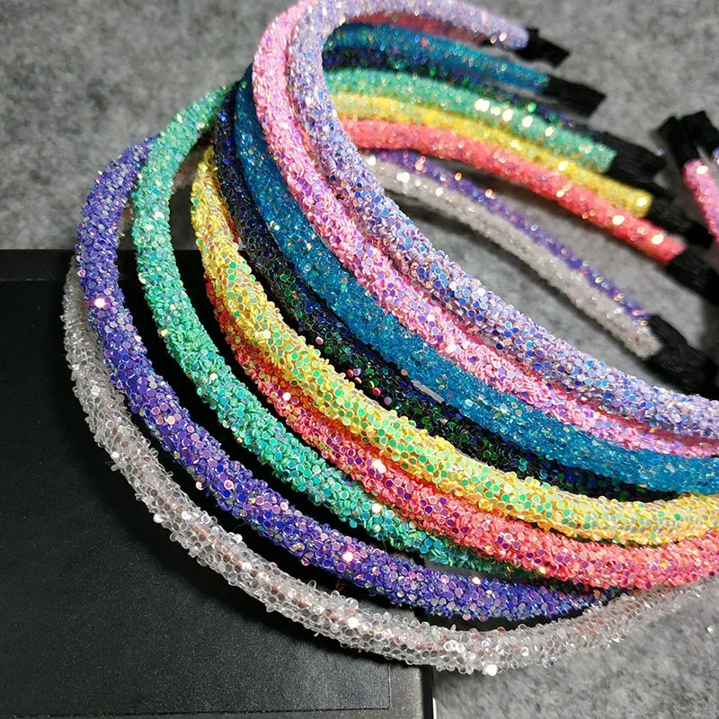 Hot Sales Cheap Colorful Bangs Clip Onion Powder Glitter Headband Crystal Rhinestone Sequin Hair Hoop Hair Band Women