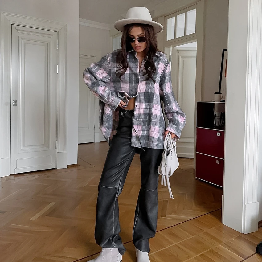 OOTN Drop Shoulder Women Lapel Shirts Casual Street Style Top Spring 2024 Female Long Sleeve Button Plaid Blouses