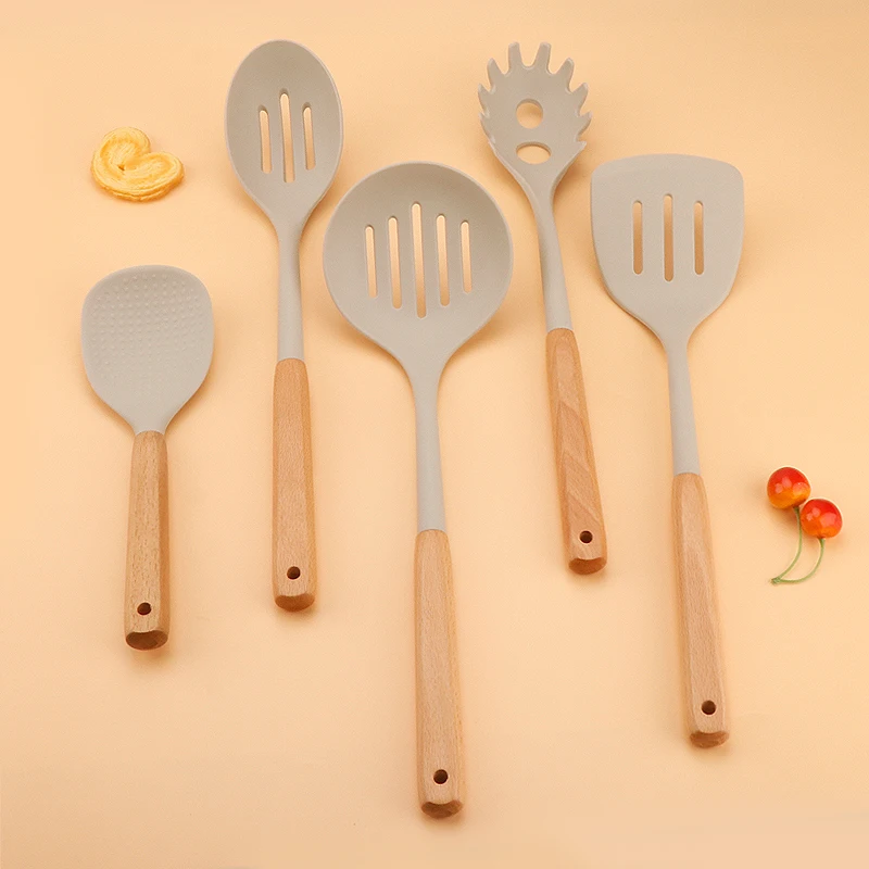Новое поступление, модный набор из 8 силиконовых кухонных принадлежностей с деревянной ручкой из бука, кухонные принадлежности, набор силиконовой посуды