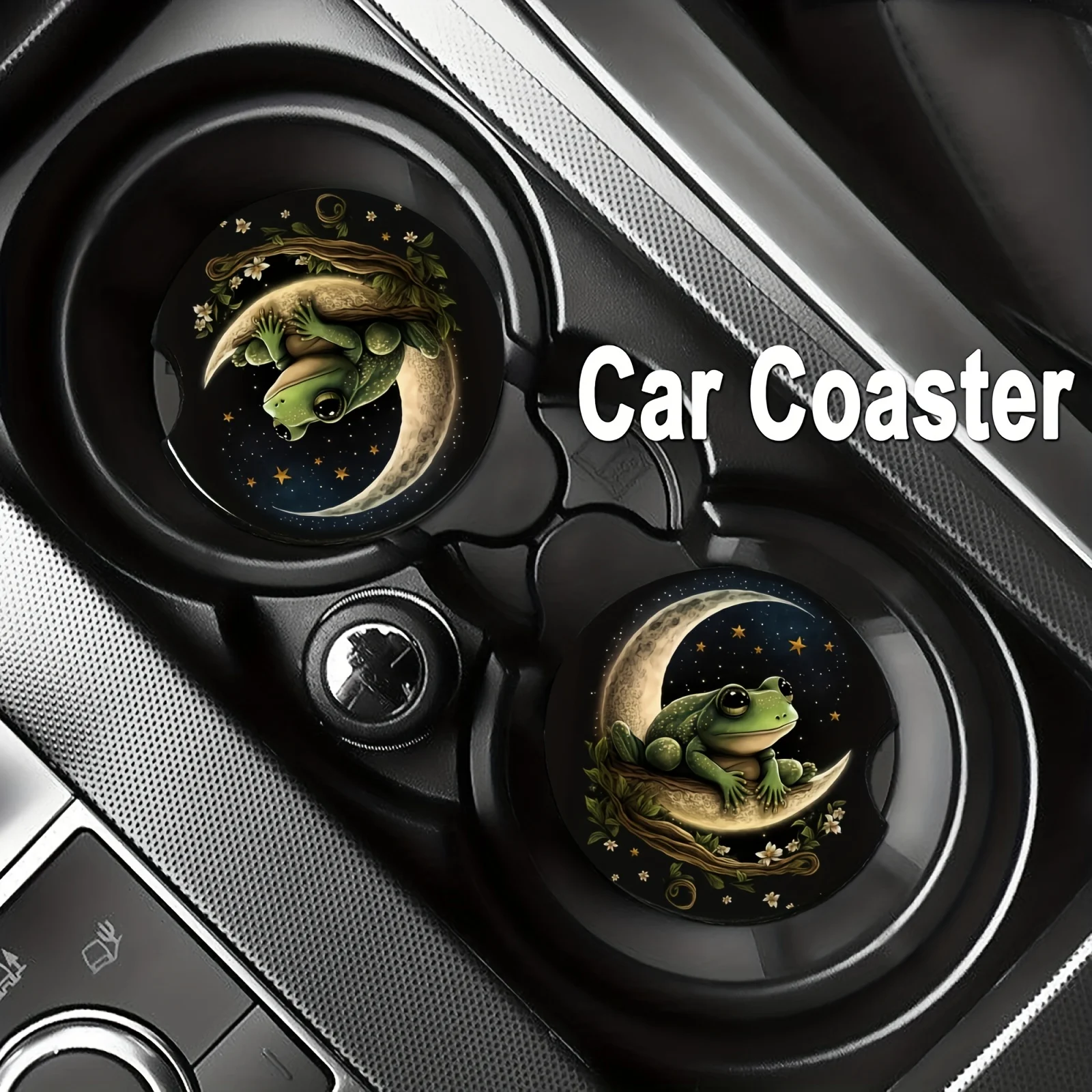 2pcs Frog and Moon Ceramic Coasters with Cork Back Promotional Car Cup Holders Finger Slot for Clean and Dry Storage