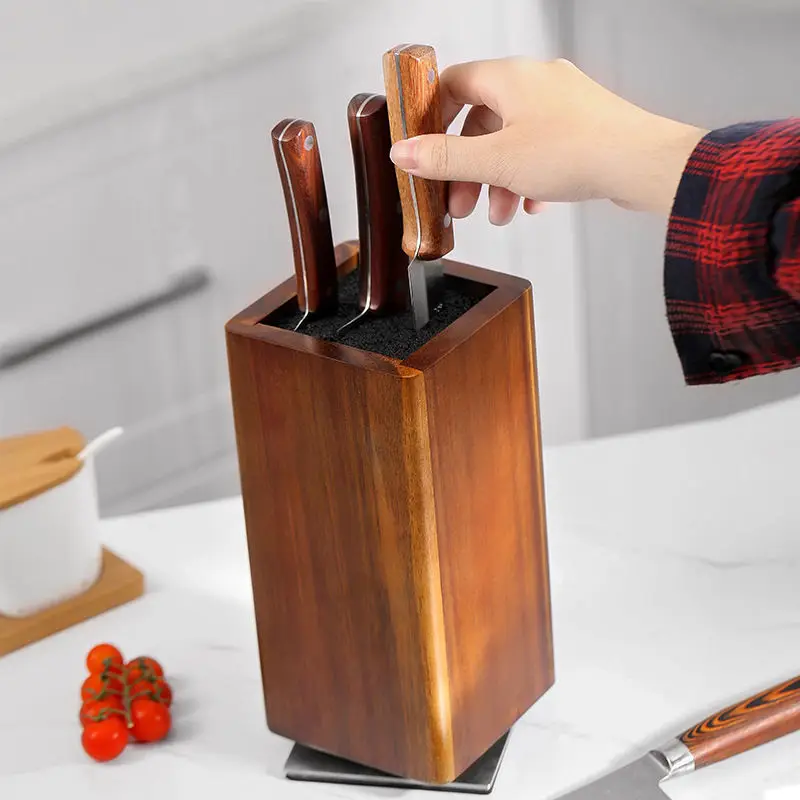 Acacia wood magnetic knife block for kitchen wooden knife holder