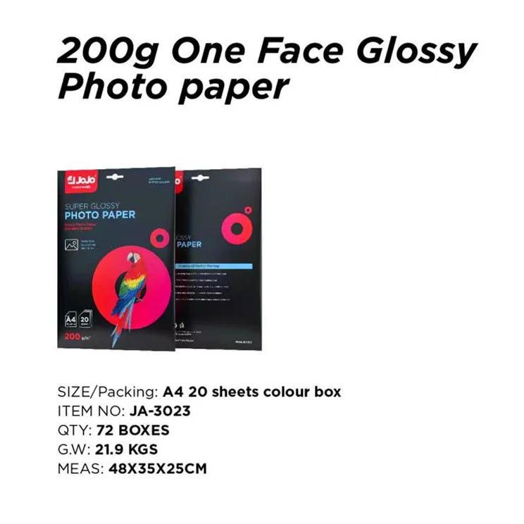 One Face 200g High Gloss A4 Size One Side Photo Paper for Inkjet Printers Waterproof Label Jojo Paper Color Inkjet Photo Paper