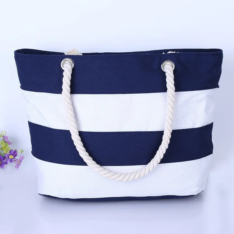 Wholesale Cheap Price Striped Zipper Cotton Canvas Tote Bag With Cotton Rope Eco Shopper Ready to Ship