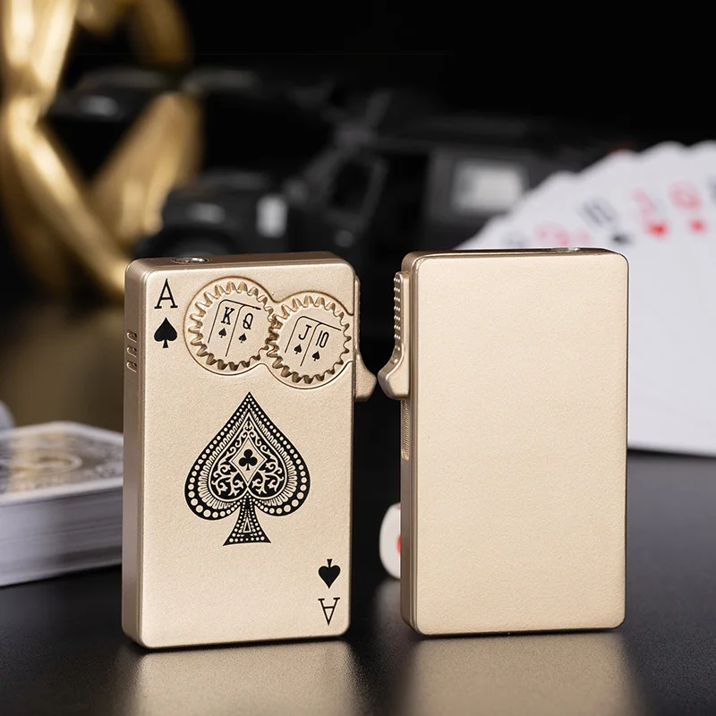 New Windproof Metal Playing Cards Lighter Unique Luminous Black Ace Cards Rotatable Gearwheel Poker Card Lighter