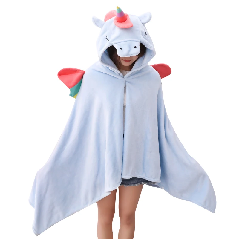 Hooded Unicorn Blanket for Girls and Teens White Plush Wearable Animal Throw with Rainbow and Iridescent Details