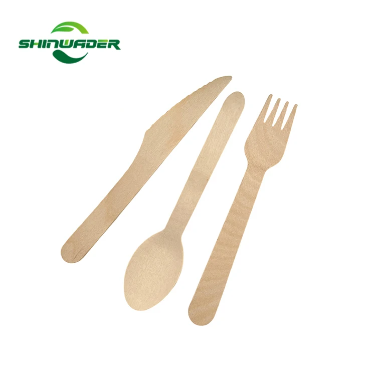 SHINWADER Factory Custom Eco-Friendly Disposable Wooden Cutlery Set 160mm Level Spoons Forks Knives for Food Recyclable