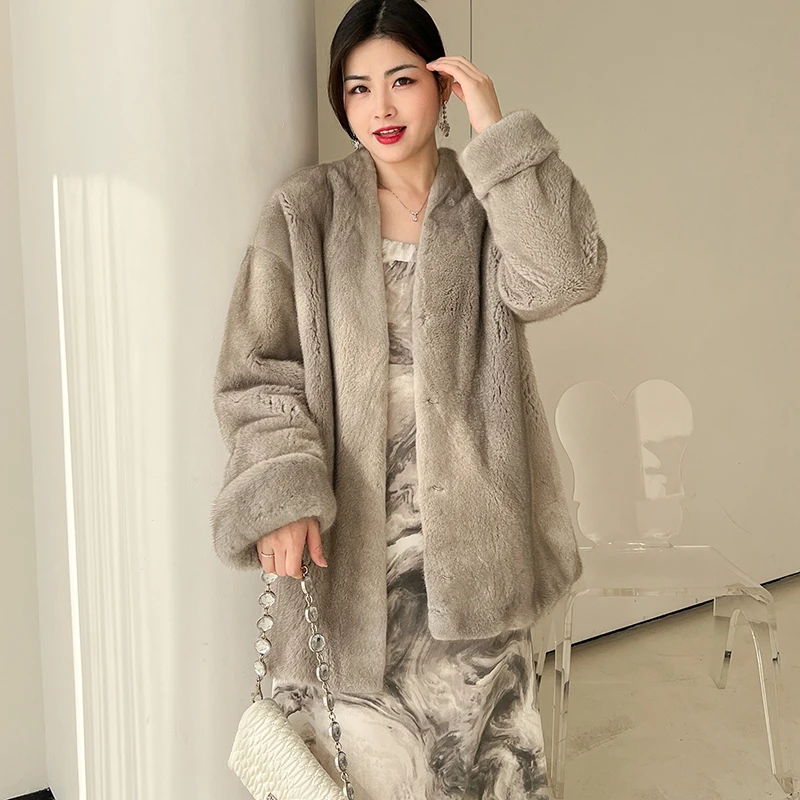 Winter Mid Length V Neck Long Sleeves Solid Color Fashionable Luxury Real Mink Fur Coat Women