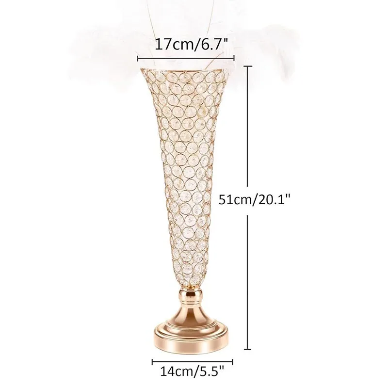 2024 Wedding Decor Gold Center Piece Table Big Floor Metal Wire Luxury Crystal Trumpet Floral Vase
