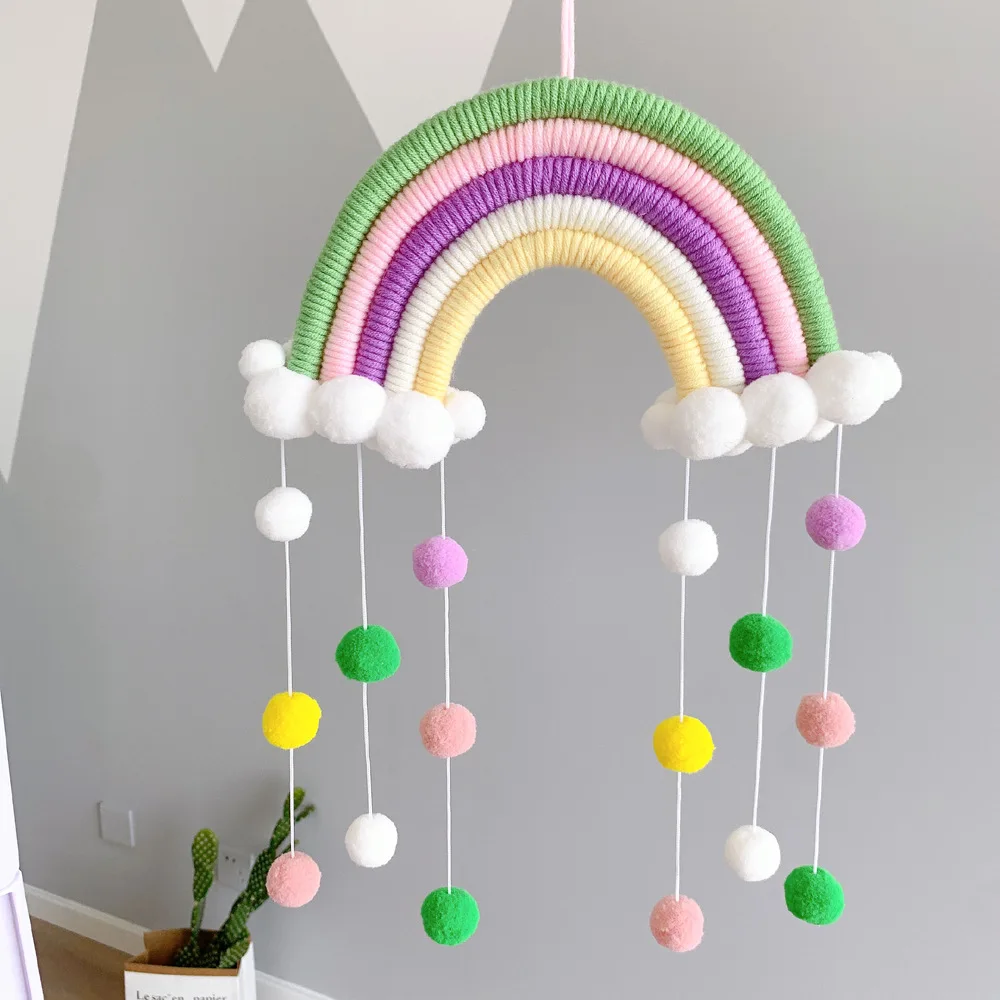 2024 Colorful Beauty Fashion Rainbow Toddler Wall Woven Decor Hanging With Ball Gifts Toy