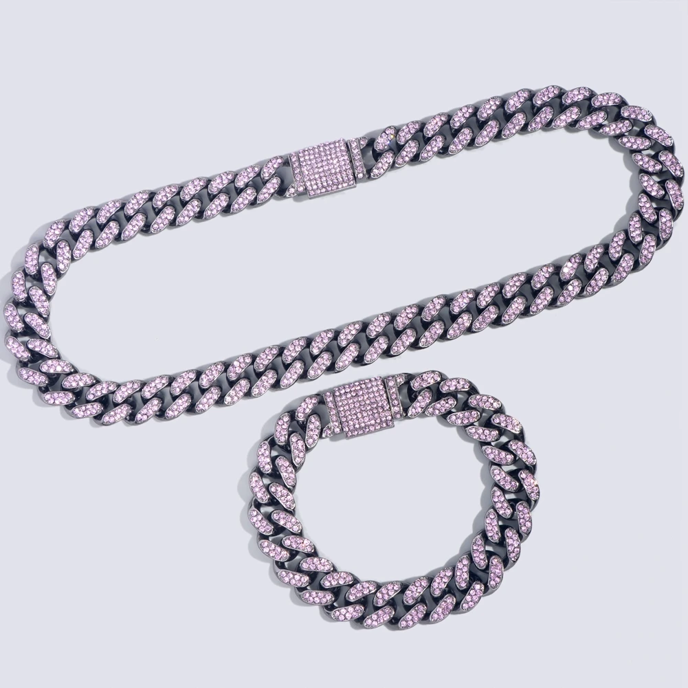 13mm Black Gold Plated Miami Ice CZ Cuban Link Chains Fashion Rhombus Purple Diamond Cuban Chain Women Hip Hop Jewelry