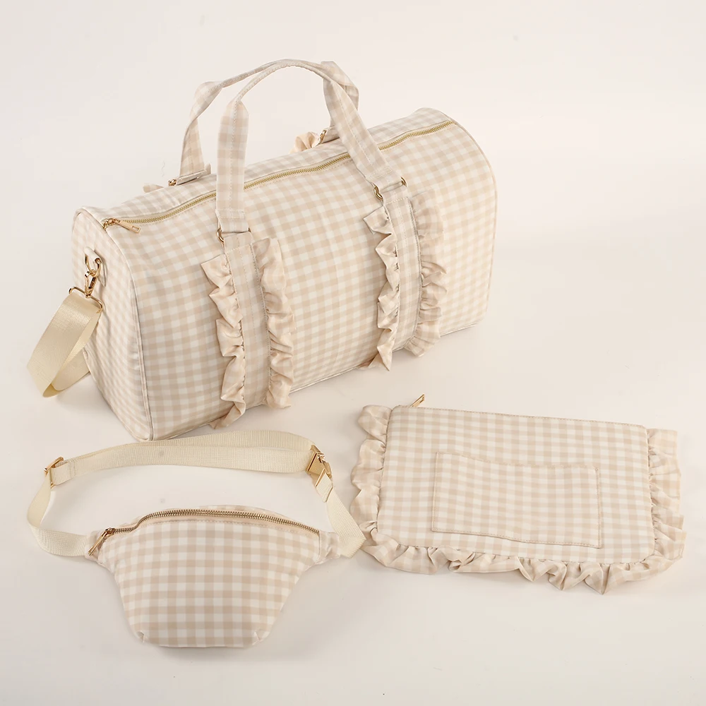 Stock Custom Glitter Patches Personalized Gingham Women Lady Ruffle Travel Toiletry Storage Makeup Cosmetic Bag