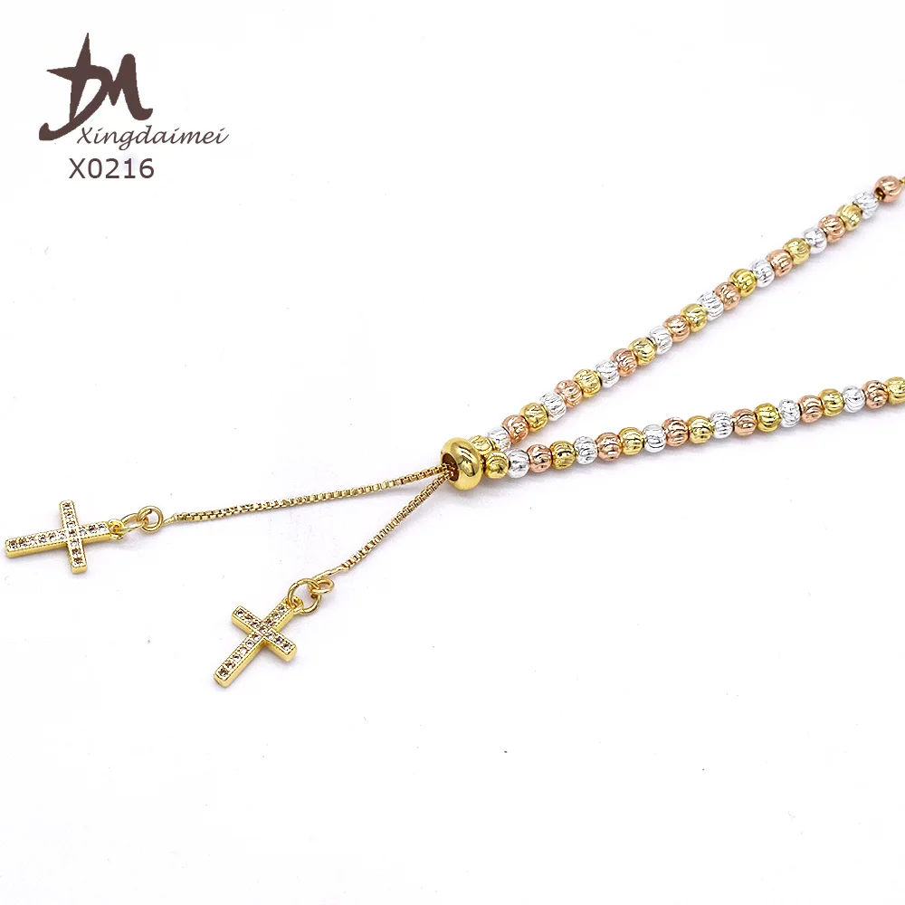X0216  Wholesale latest design Luxury 3 color rosary Zircon cross necklace wood gold plated Rosary necklace
