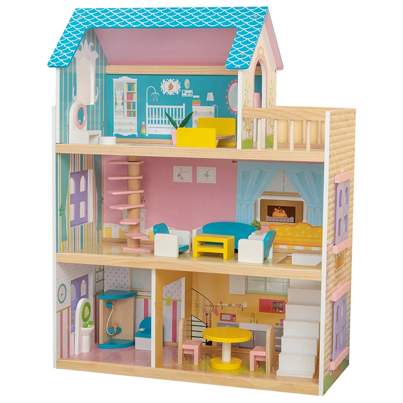 2022 new style children play house simulation wooden three tier mini doll house toy dollhouse for kids