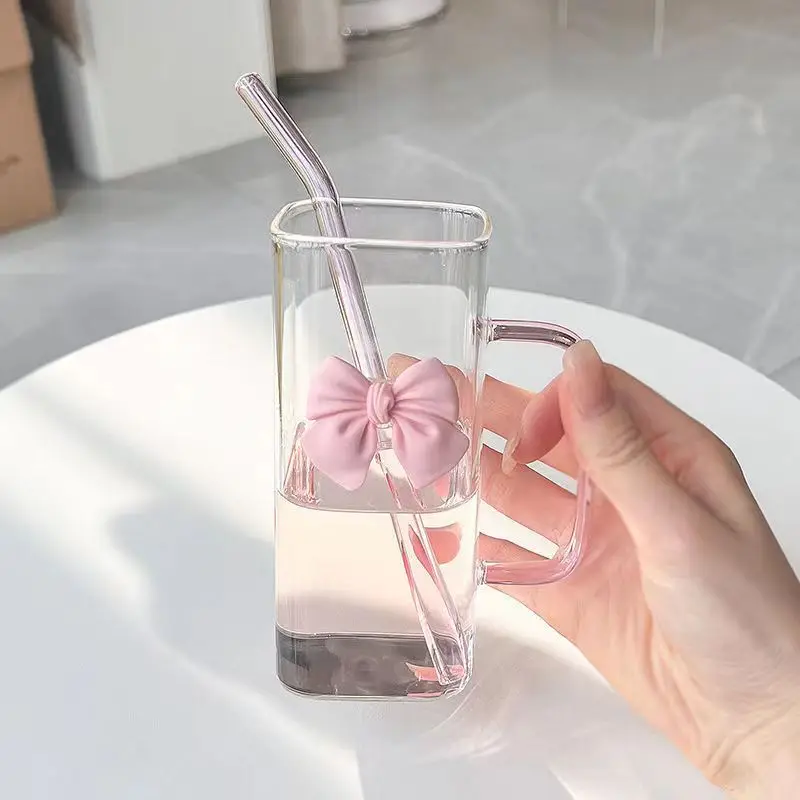 400ml Square Shape Bowknot Bow Design Girl Best Gift For Friend Glass Bottle Cup With Straw and lid