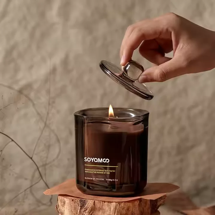 FLORESCENCE Luxury Private Label Wedding Decoration Cuban Cigars Soy Wax Brown Glass Jar Candles Lid Palm Wax Paraffin Wax