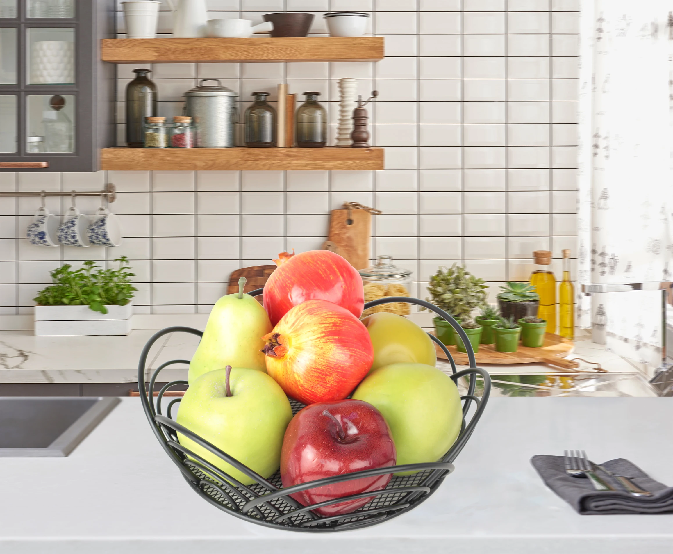 Изысканная техническая круглая металлическая кухонная корзина для хранения