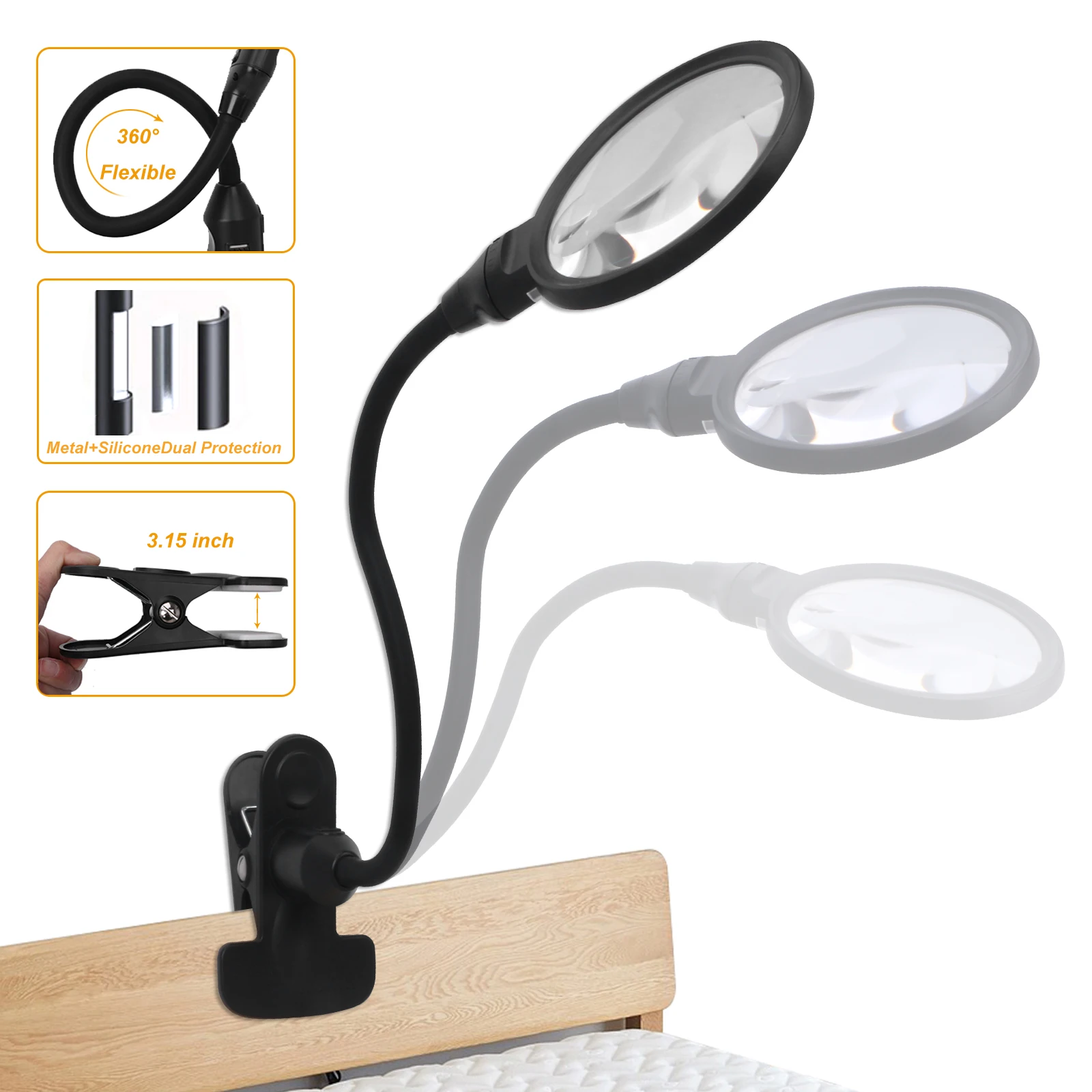 5X LED Desk Lamp Flexible Gooseneck Hands-Free Lighted Magnifying Glass 3 Color Temperature Reading/Crafting/Close Work Clip-On