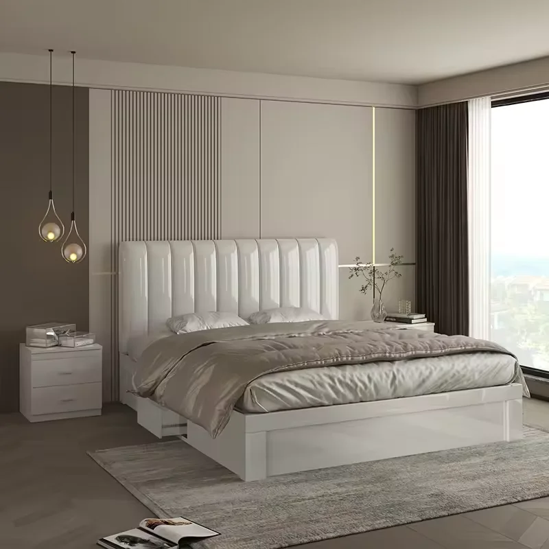 High quality Yifan 1.8 M large bed set furniture with wardrobe dresser bedside table modern cream style MDF bedroom set