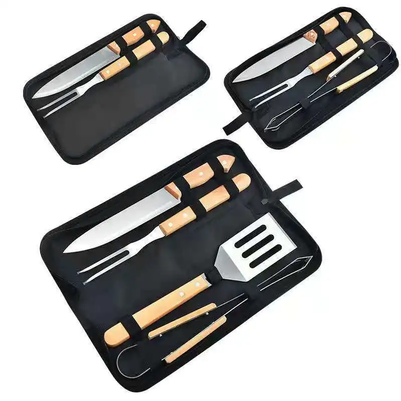 4 Piece Wooden BBQ Accessories Grilling Tools Set with Tongs Spatula Fork and Knife Utensils for Backyard Barbecue Camping