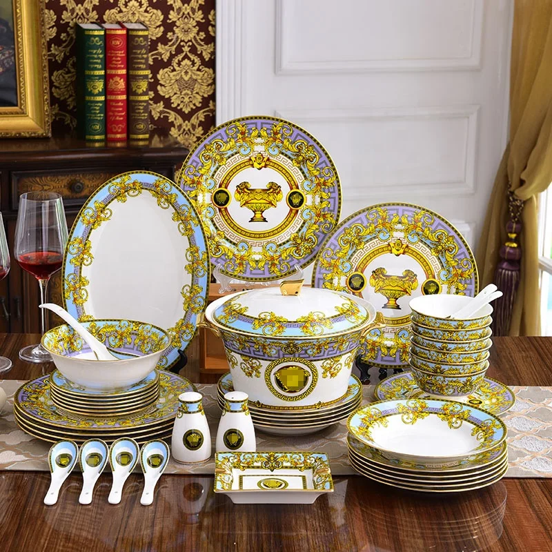 Home Luxury 58pcs Dinner Set Ceramic Flatware Custom Royal Wedding Plates Fine Bone China Tableware Set