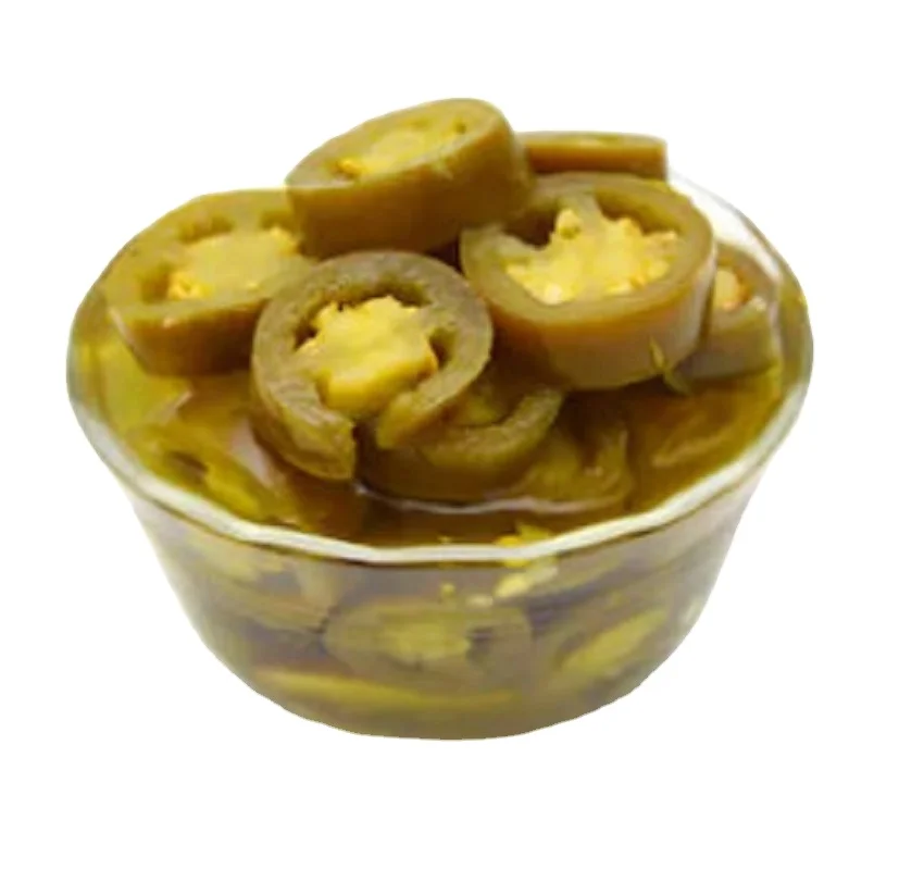 Sliced Green Jalapeno pepper preserved in brine ready for eat as appetizer  made in Egypt all packages you need