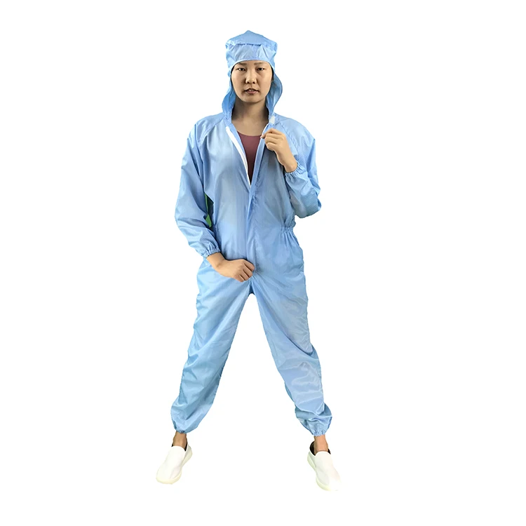 
5mm Stripe Blue Reusable Washable Custom Cleanroom ESD Clothing Hooded Anti-Static Coveralls 
