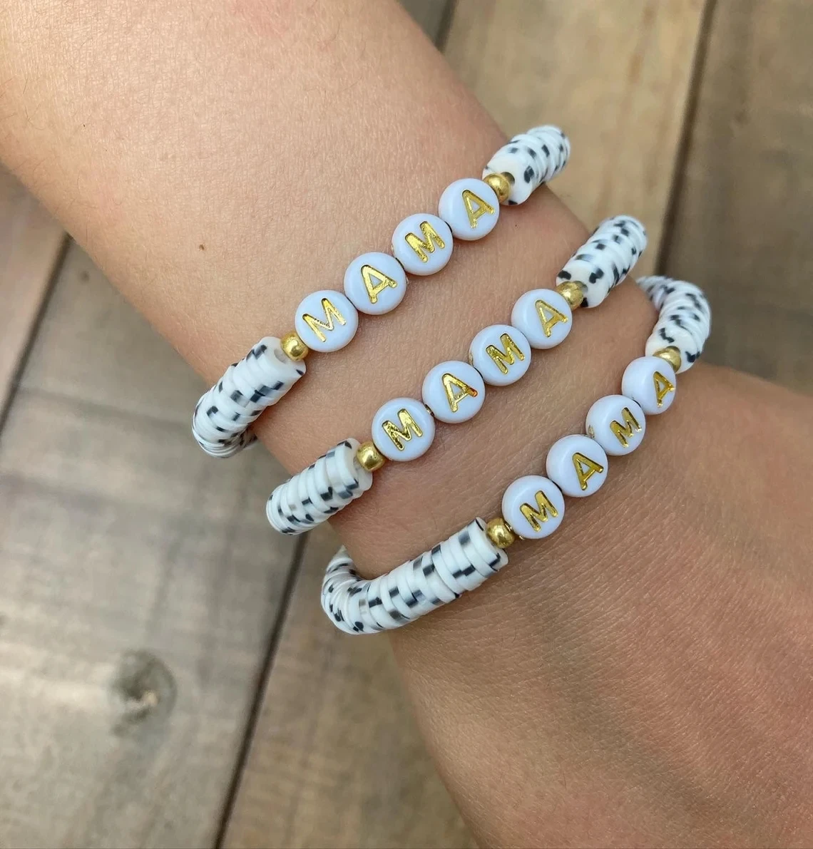 Custom MAMA Bracelet Charm Gold Filled Neutral Heishi Disc Bracelet Personalized Polymer clay Bracelet Bangle Jewelry Gift