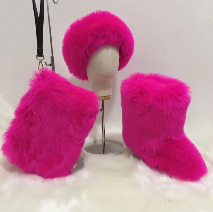 Fur Faux Women Matching Handbag conjunto de botas Fur Winter Woman And Purse Ankle Multicolor Furry Little Girl Mommy Boots Sets