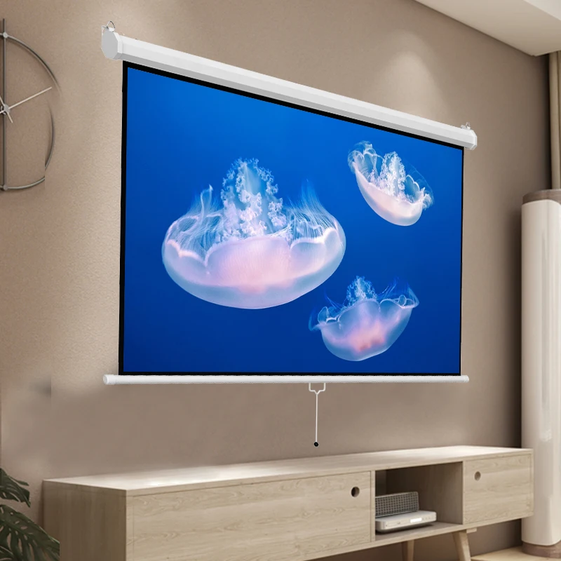 60-150 inch 16:9 Hand-pulled self-locking Matt White projector screen wall-mounted HD manual automatic locking projection screen