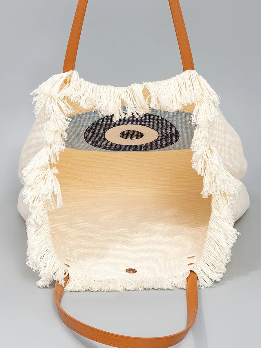 Wholesale Custom New Arrival Fashion Evil Eyes Tote Bag Bohemian Portable Canvas Shoulder Bag Top Fringe Beach Bag