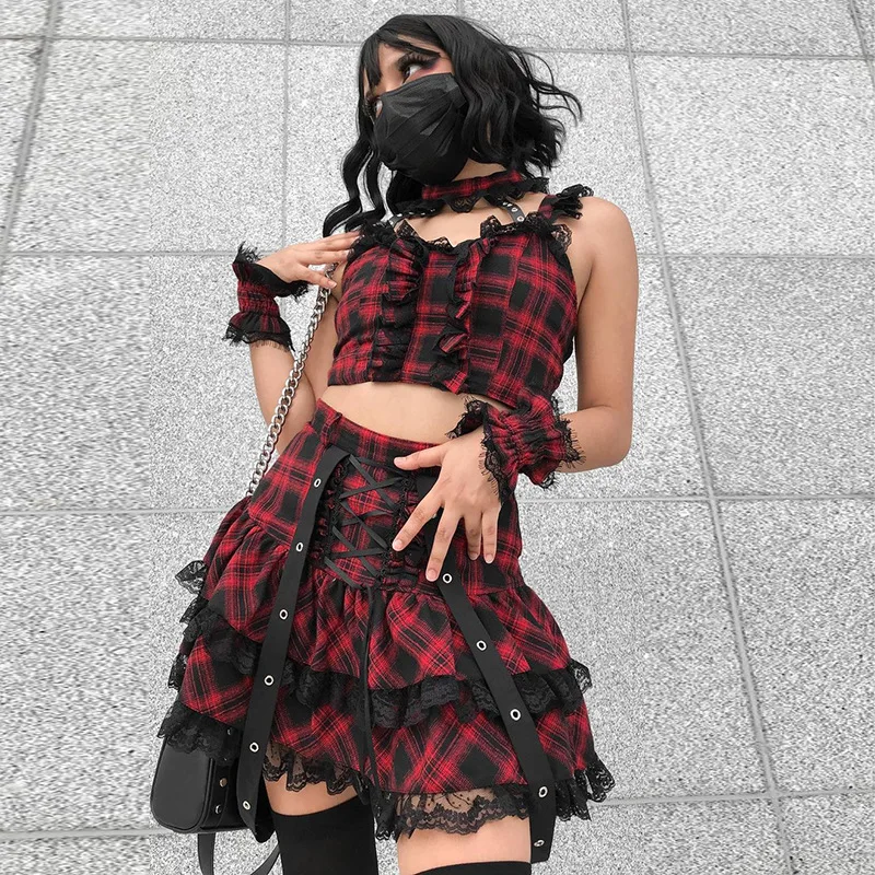 2022 New Arrivals Gothic Lolita Red Plaid 2 Piece Skirt Set Sexy Crop Tank Tops And Ruffle Skirt Two Piece Outfits Set Women