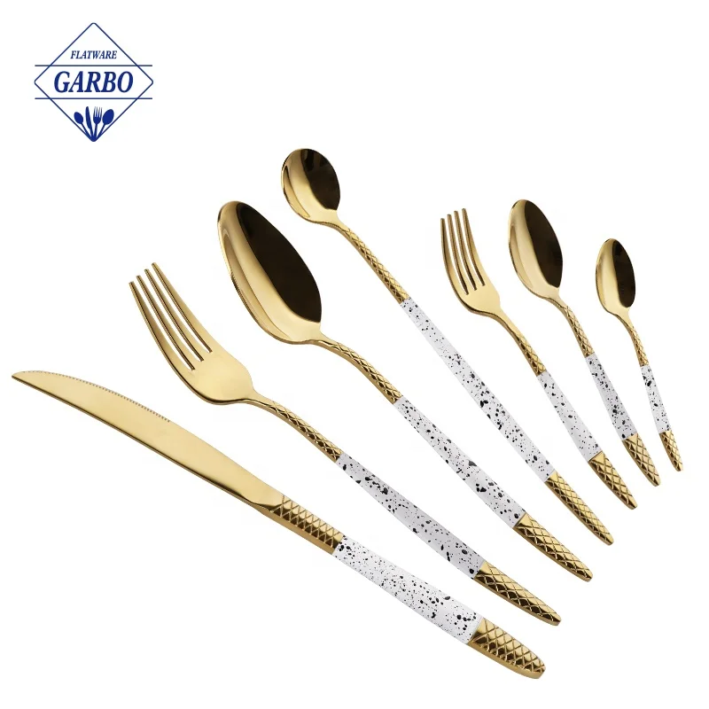 Dinner Gold Brushed Flatware 18/0 Stainless Steel Spoon Knife and Fork 20pcs Wedding Cutlery Gold Silverware with Mirror Polish