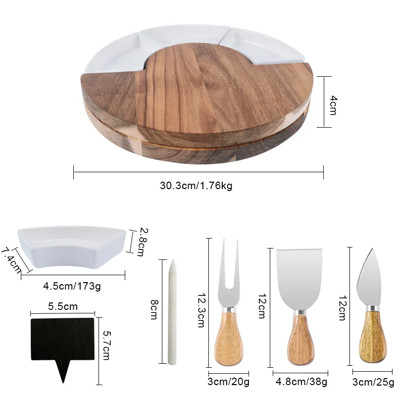 Wholesale round natural acacia wood cheese serving board with 3pcs knife fork cutlery tools and ceramic bowl
