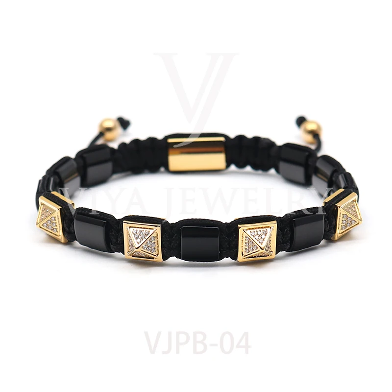 
Natural Black Shiny Onyx stones with stainless steel square pyramid beads bracelet OEM 