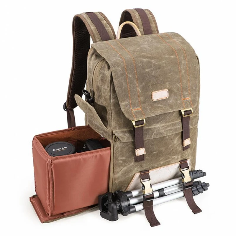 
Dreamtop DTG544 waxed canvas travel rucksack vintage style DSLR camera bag backpack waterproof 
