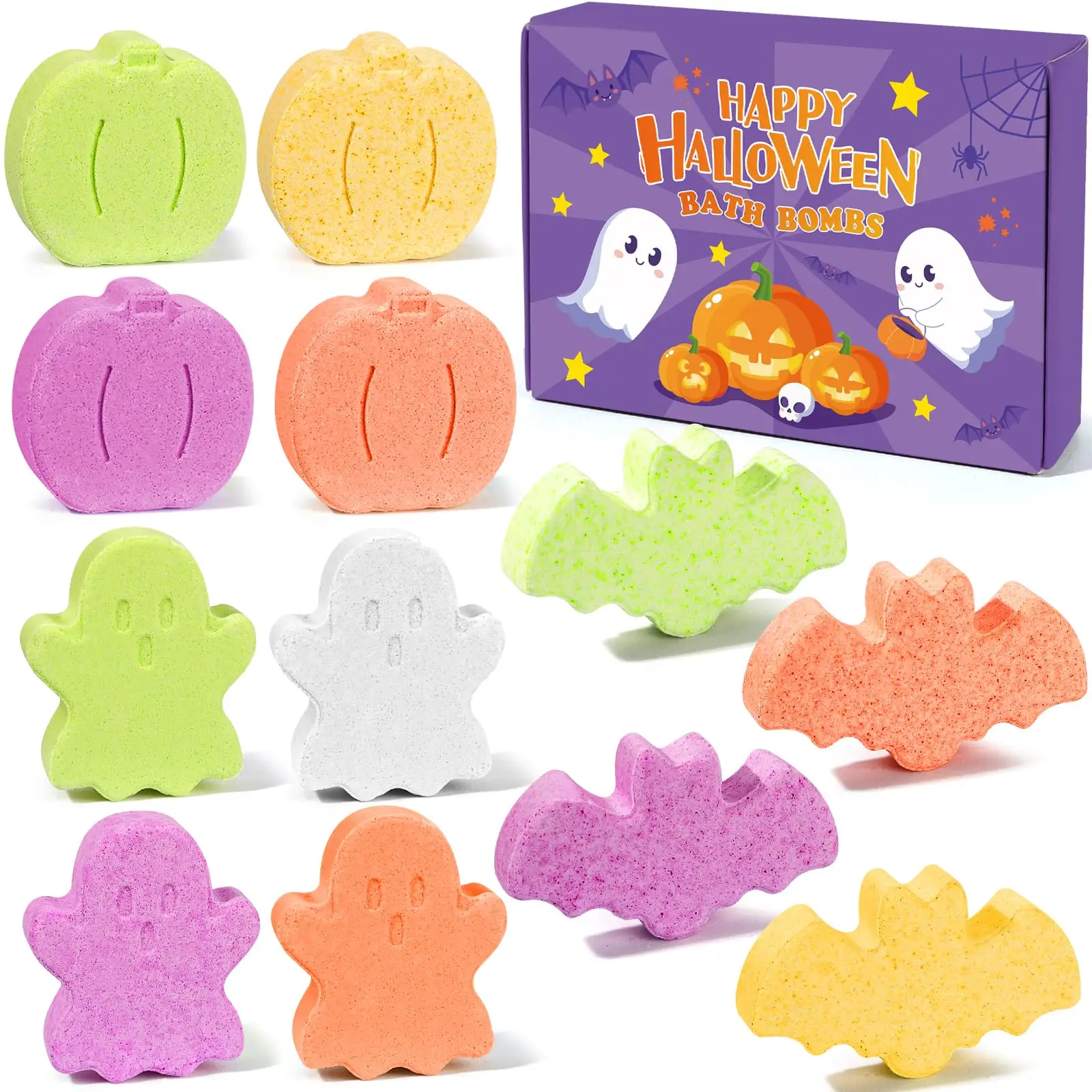 12pcs Halloween Party Favors Goodie Bag Fillers Natural Spooky Pumpkin Bat Shapes Organic Bubble Bath Bombs Halloween Bath Bombs