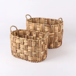 High Capacity Storage Basket Water Hyacinth Weave Straw Decor Basket With Handle