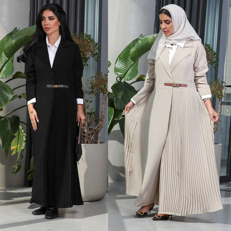 Turkish Dubai New Clothing Dress Kimono With Belted Fashion Pleated Suit Collar Cardigan Dress Muslim Open Front Abaya For Women