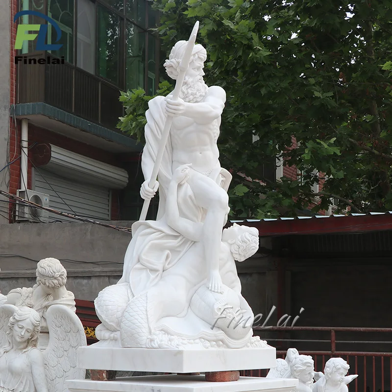 Finelai Famous outdoor garden stone life size white Marble Poseidon Greek God Statue sculpture