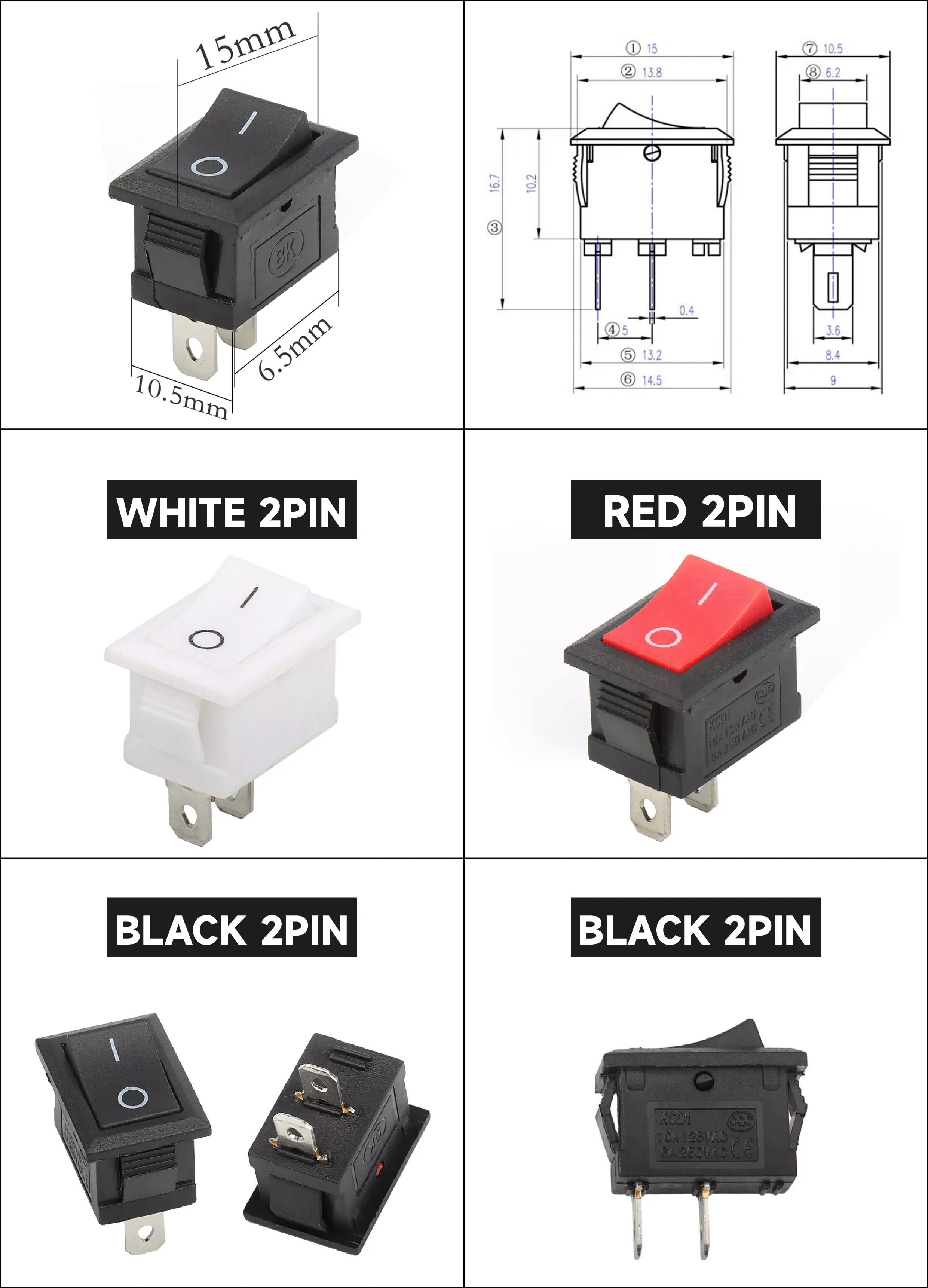 kcd1 2/4/6pins 6A 16A 250V 10*15/15*21/25*31 mm Rocker Switch 10x15/15x21/25x31mm kcd1 kcd2 kcd3 kcd4 PCB Rocker Switch
