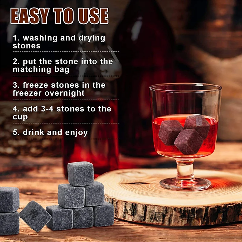 Present Whiskey Chilling Ice Cube Rocks Stone And Pouch Set 9 Pcs Whisky Granite Stone Gift Set