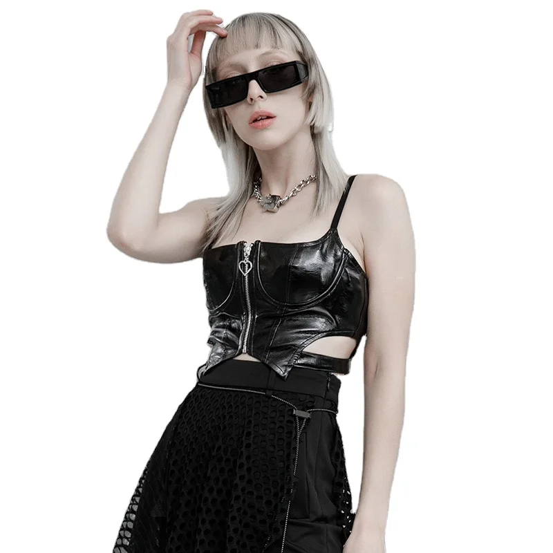 Punk style vest top strap design sleeveless patchwork knitting zipper OPT-574DQF women clothing manufacturers in china PUNK RAVE