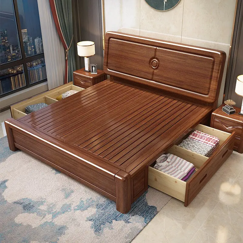 Walnut Chinese Style Solid Wood Bed Modern Minimalist Double Bed Bedroom Furniture king Bed