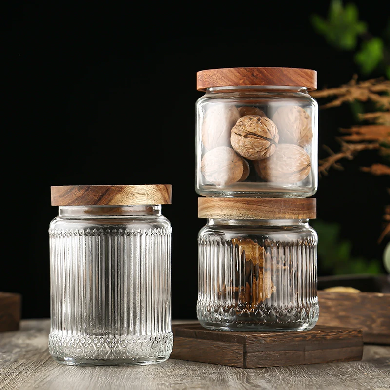 Top seller 500ml clear round vintage ribbed airtight kitchen food spice container bottle pot set glass storage jar with lid