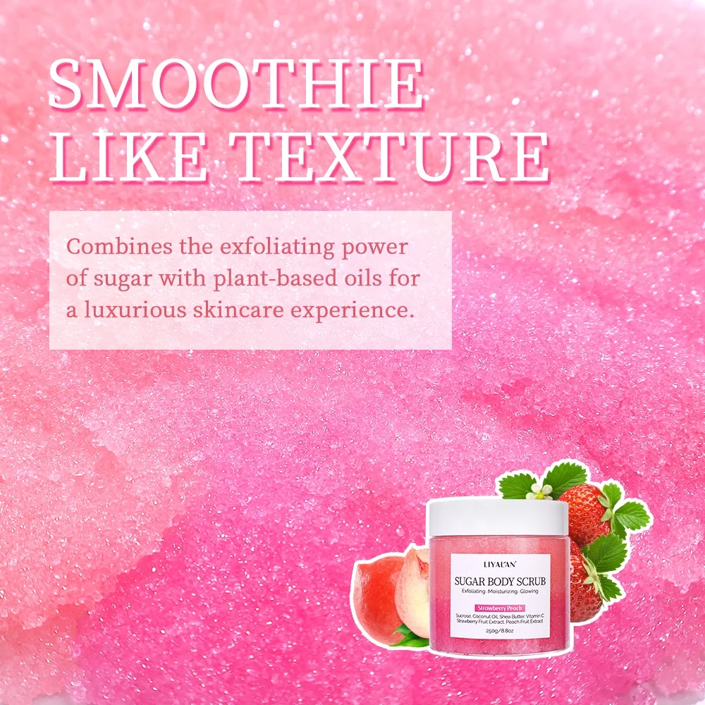 Private Label Strawberry Peach Scrub Bath Exfoliating Moisturizing Hydrating Vegan Fruit Sugar Body Scrub